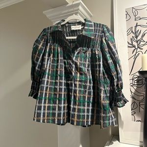 MUNTHE PLAID NAVY BLOUSE SIZE 36 (US 4 OR SMALL)
